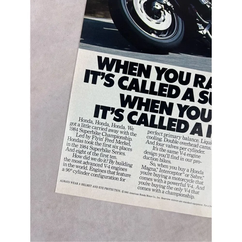 Vintage 1985 Honda Motorcycle Print-Ad/Fred Merkel/ 1984 Superbike Championship